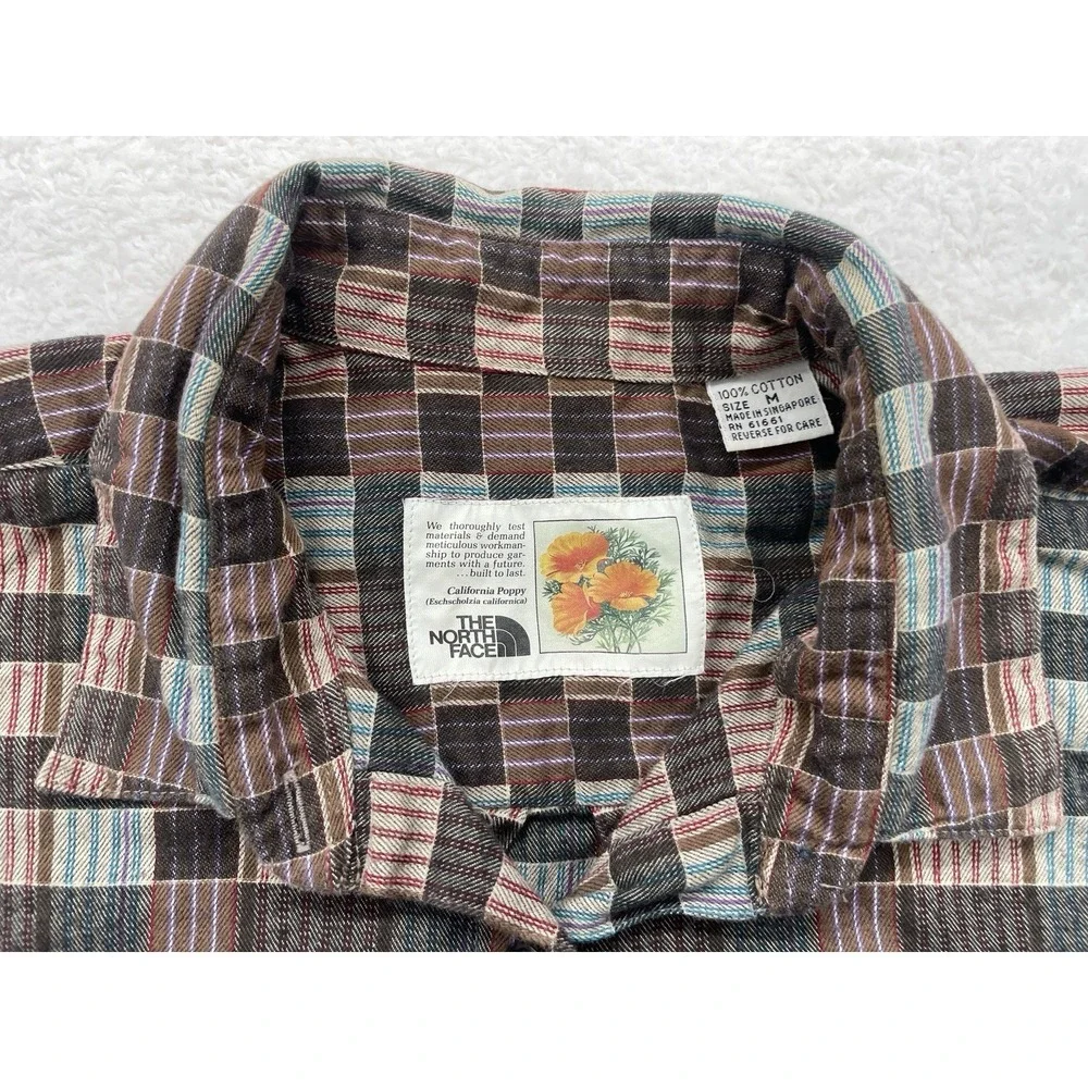 The North Face Shirt Mens Medium Brown Button Up Check Stripe Retro 100%‎ Cotton